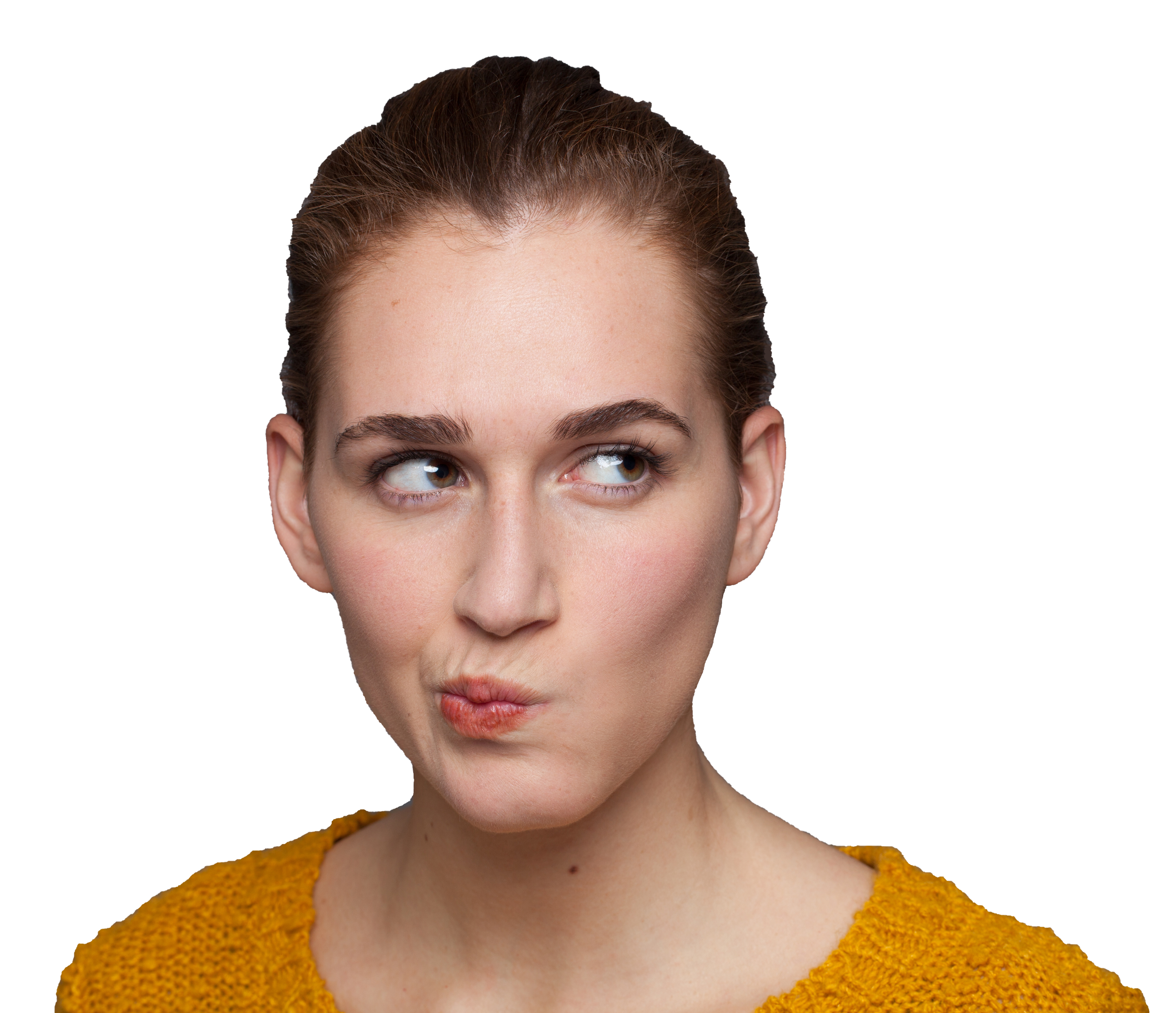 Frau schaut nachdenklich sympathisch isoliert gespiegelt